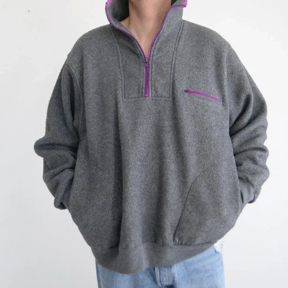 VTG Sun Stations Sportswear Grey Purple Fleece Quarter Zip Pullover Sweater XL - Picture 1 of 11